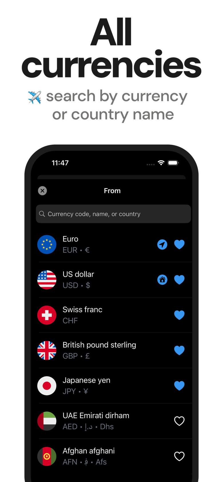 iPhone currency converter app with every country's currency in the world