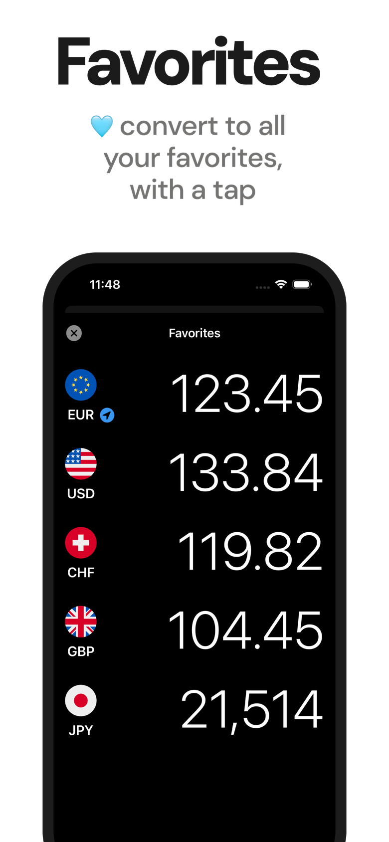 iPhone currency convert app's favorite currencies screen