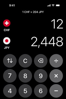 Currency converter with a built-in calculator to add and split expenses