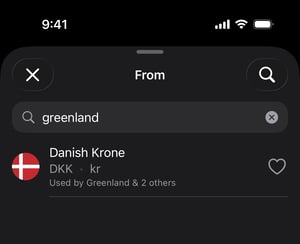 Currency converter app searching by country, name, or code