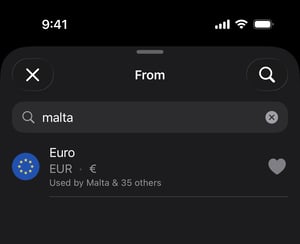 Currency converter app searching by country, name, or code