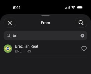 Currency converter app searching by country, name, or code
