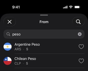 Currency converter app searching by country, name, or code