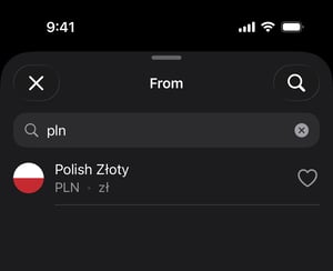 Currency converter app searching by country, name, or code