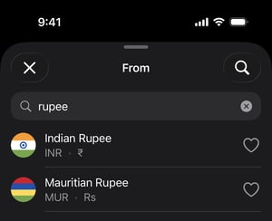 Currency converter app searching by country, name, or code